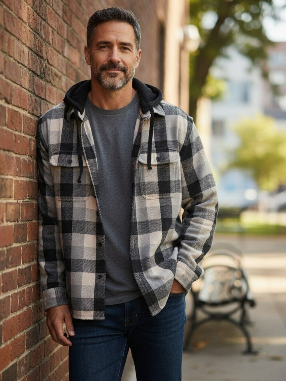 American Eagle Mens Small Gray Plaid Flannel Button Up Hoodie Jacket Shacket S